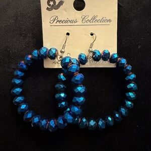 Blue Faceted Bead Hoop Earrings